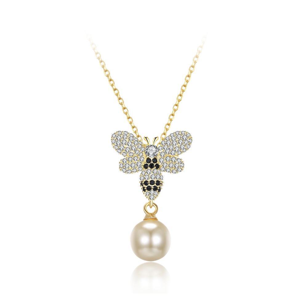 925 Sterling Silver Plated Gold Brilliant Bee Pearl Pendant with Austrian Element Crystal and Necklace - Glamorousky
