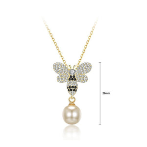 925 Sterling Silver Plated Gold Brilliant Bee Pearl Pendant with Austrian Element Crystal and Necklace - Glamorousky