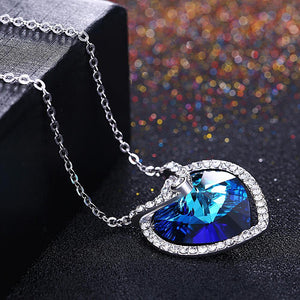 925 Sterling Silver Atmospheric Heart Pendant with Blue Austrian Element Crystal and Necklace - Glamorousky
