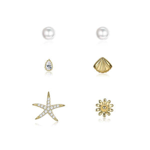 925 Sterling Silver Plated Gold Simple Starfish Small Flower Shell Three-piece Stud Earrings - Glamorousky