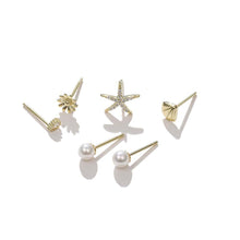 Load image into Gallery viewer, 925 Sterling Silver Plated Gold Simple Starfish Small Flower Shell Three-piece Stud Earrings - Glamorousky