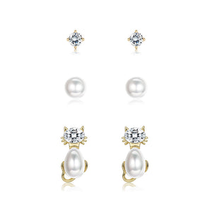925 Sterling Silver Plated Gold Simple Cute Cat Pearl Three-piece Stud Earrings