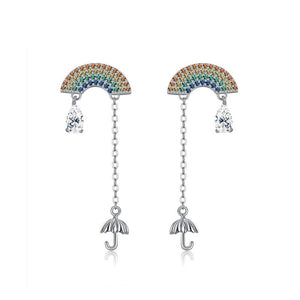 925 Sterling Silver Fashion Rainbow Umbrella Tassel Colored Cubic Zircon Earrings - Glamorousky
