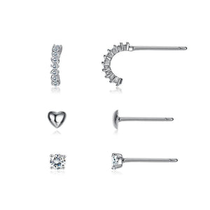 925 Sterling Silver Simple Romantic Heart Shaped Cubic Zircon Three-Piece Earrings - Glamorousky