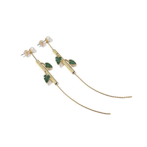 Simple Plated Gold Green Cubic Zircon Leaf Tassel Earrings - Glamorousky