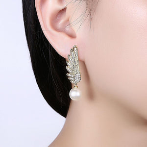 Fashion and Elegant Plated Gold Wing Pearl Earrings with Cubic Zircon - Glamorousky