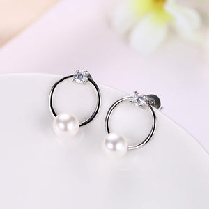 Fashion Simple Geometric Round Pearl Earrings with Cubic Zircon - Glamorousky