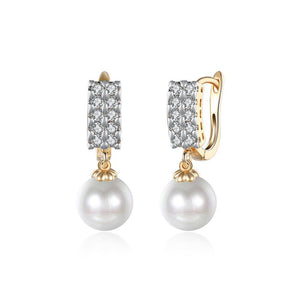 Elegant and Fashion Plated Champagne Double Row Cubic Zircon Pearl Earrings - Glamorousky
