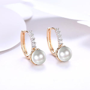 Elegant and Romantic Plated Champagne Gold Round Pearl Earrings with Cubic Zircon - Glamorousky