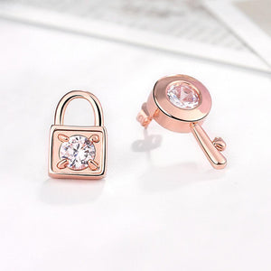 Fashion Plated Rose Gold Key Lock Cubic Zircon Stud Earrings - Glamorousky