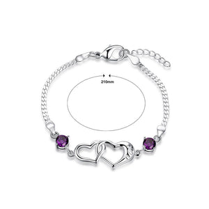 Simple and Romantic Double Heart-shaped Purple Cubic Zircon Bracelet - Glamorousky