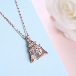 925 Sterling Silver Plated Rose Gold Fashion Eiffel Tower Pendant with Cubic Zircon and Necklace - Glamorousky