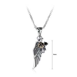 925 Sterling Silver Vintage Wings Skull Rose Pendant with Black Cubic Zircon and Necklace - Glamorousky