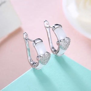 925 Sterling Silver Simple Romantic Heart-shaped White Ceramic Stud Earrings with Cubic Zircon - Glamorousky