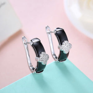 925 Sterling Silver Elegant Four-leafed Clover Black Ceramic Stud Earrings with Cubic Zircon - Glamorousky
