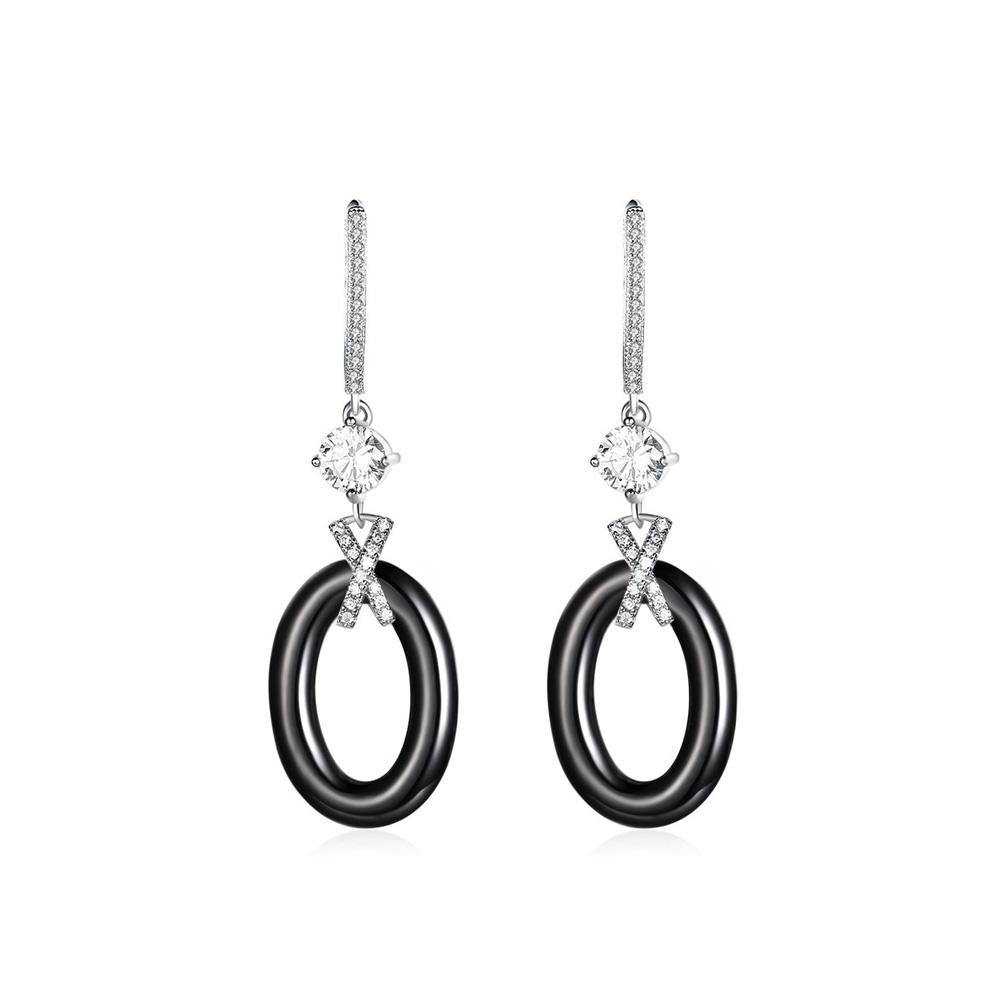 925 Sterling Silver Simple Elegant Geometric Black Ceramic Earrings with Cubic Zircon - Glamorousky