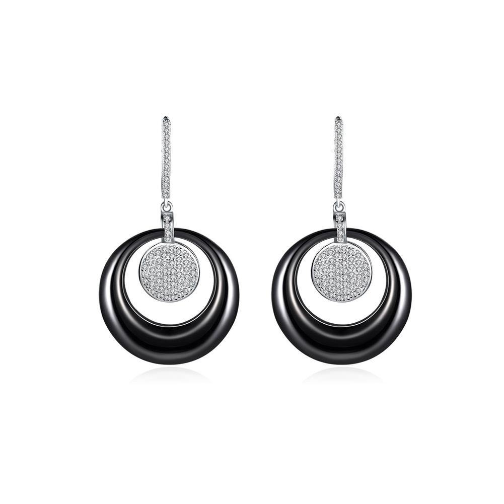 925 Sterling Silver Elegant Fashion Geometric Round Black Ceramic Earrings with Cubic Zircon - Glamorousky