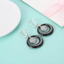 Load image into Gallery viewer, 925 Sterling Silver Elegant Fashion Geometric Round Black Ceramic Earrings with Cubic Zircon - Glamorousky