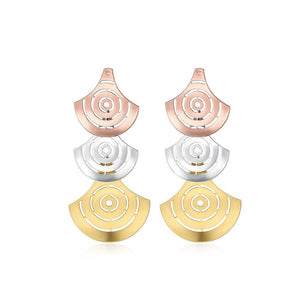 Fashion Exaggerated Plated Gold Hollow Fan-shaped Tri-color Earrings - Glamorousky