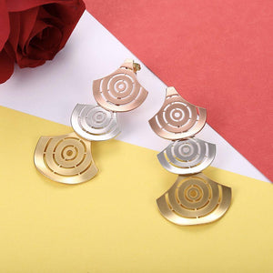 Fashion Exaggerated Plated Gold Hollow Fan-shaped Tri-color Earrings - Glamorousky