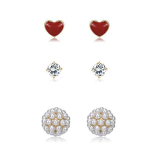 Load image into Gallery viewer, 925 Sterling Silver Plated Gold Simple Romantic Heart Flower Three-piece Earrings with Cubic Zircon and Pearls - Glamorousky