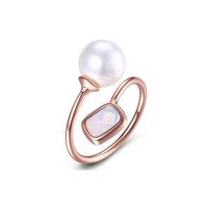 Simple Plated Rose Gold Geometric Rectangular Adjustable Split Ring with Cubic Zircon and Pearl