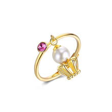Load image into Gallery viewer, 925 Sterling Silver Fashion Plated Gold Crown Pearl Adjustable Ring with Purple Austrian Element Crystal - Glamorousky