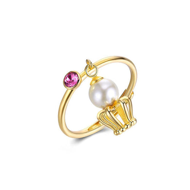 925 Sterling Silver Fashion Plated Gold Crown Pearl Adjustable Ring with Purple Austrian Element Crystal - Glamorousky
