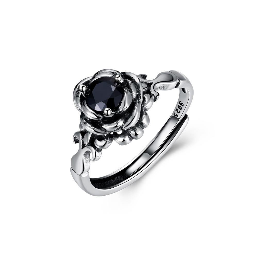 925 Sterling Silver Fashion Elegant Lotus Adjustable Ring with Black Cubic Zircon - Glamorousky