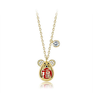 925 Sterling Silver Plated Gold Fashion Cute Mouse Pendant with Cubic Zircon and Necklace - Glamorousky