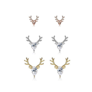 925 Sterling Silver Simple Tricolor Antler Cubic Zircon Three-Piece Stud Earrings - Glamorousky