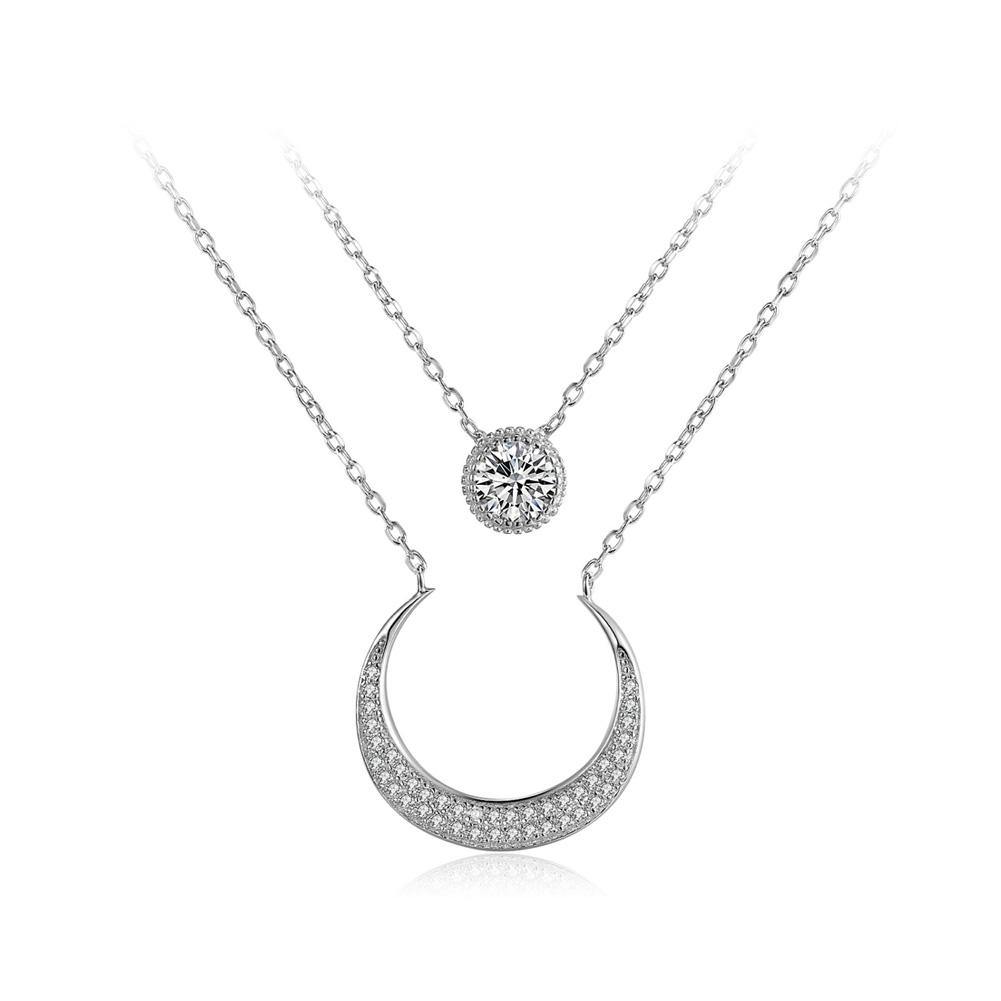 925 Sterling Silver Fashion Bright Moon Double Cubic Zircon Necklace - Glamorousky