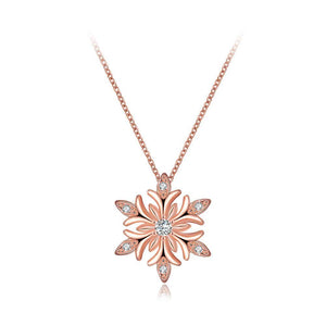 Elegant and Fashion Plated Rose Gold Snowflake Pendant with Cubic Zircon and Necklace - Glamorousky