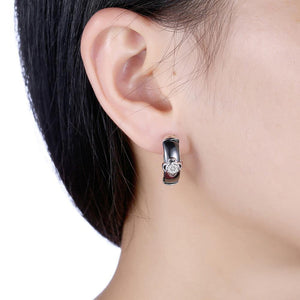 925 Sterling Silver Fashion Elegant Flower Black Ceramic Earrings with Cubic Zircon - Glamorousky