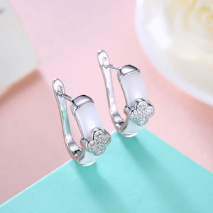 925 Sterling Silver Fashion Elegant Flower White Ceramic Earrings with Cubic Zircon - Glamorousky