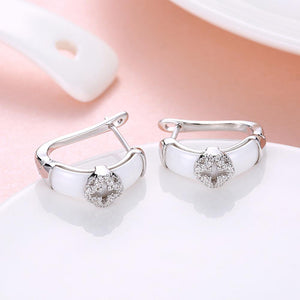 925 Sterling Silver Fashion Elegant Four-leafed Clover Cubic Zircon White Ceramic Earrings - Glamorousky