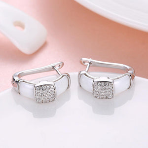 925 Sterling Silver Fashion Elegant Geometric Square White Ceramic Earrings with Cubic Zircon - Glamorousky