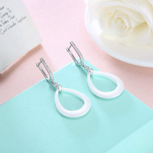 925 Sterling Silver Simple Fashion Water Drop-shaped White Ceramic Earrings with Cubic Zircon - Glamorousky