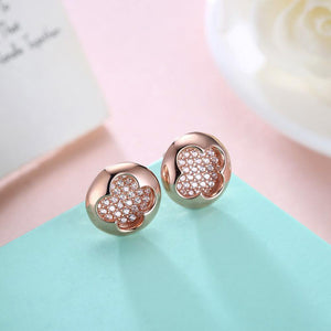 925 Sterling Silver Fashion Brilliant Plated Rose Gold Four-leafed Clover Round Stud Earrings with Cubic Zircon - Glamorousky