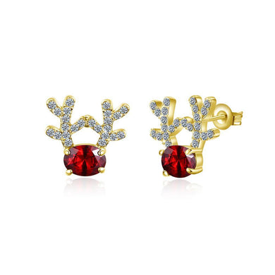 Fashion Romantic Plated Gold Deer Stud Earrings with Red Cubic Zircon - Glamorousky