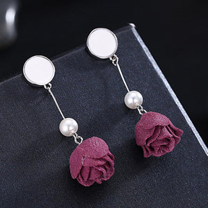 925 Sterling Silver Fashion Elegant Red Rose Pearl Tassel Earrings - Glamorousky