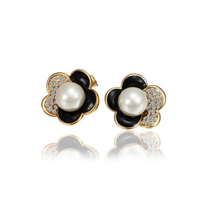 Elegant and Fashion Plated Gold Flower Pearl Stud Earrings with Cubic Zircon - Glamorousky