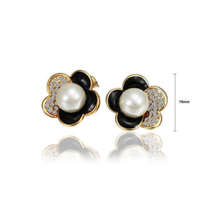 Elegant and Fashion Plated Gold Flower Pearl Stud Earrings with Cubic Zircon - Glamorousky