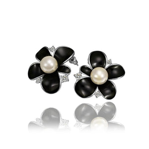 Fashion Elegant Black Flower Pearl Stud Earrings with Cubic Zircon - Glamorousky