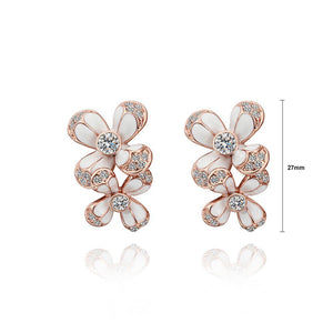 Elegant and Fashion Rose Plated Gold Double Flower Stud Earrings with Cubic Zircon - Glamorousky