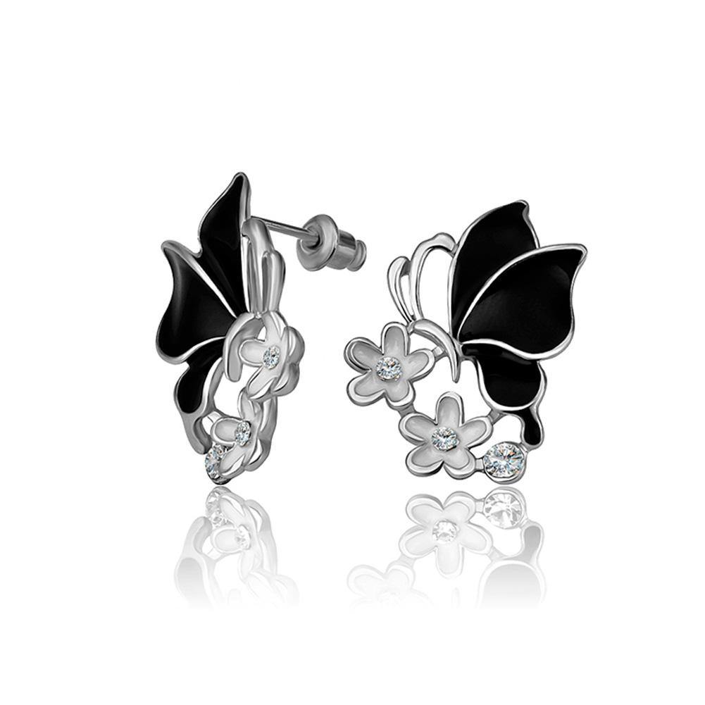 Elegant Fashion Black Butterfly Flower Stud Earrings with Cubic Zircon - Glamorousky