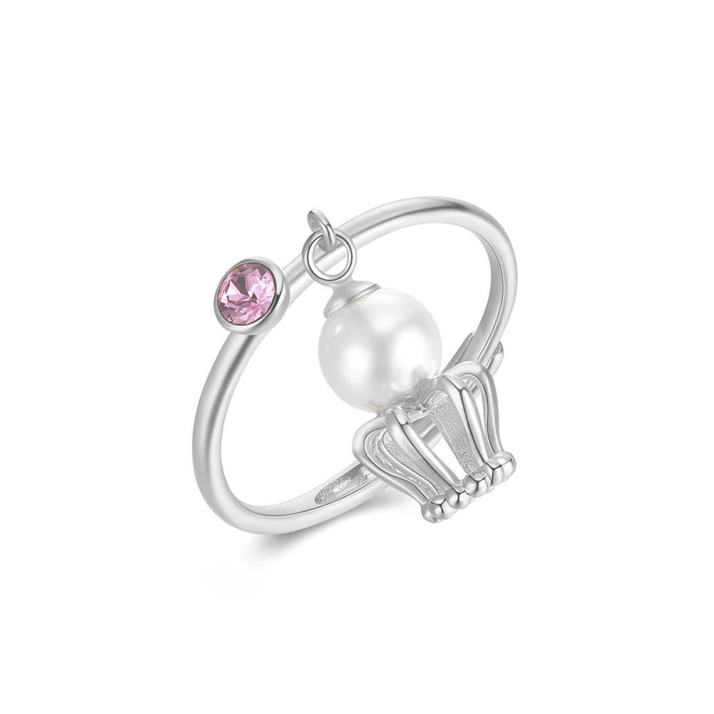 925 Sterling Silver Noble Personality Pearl Crown Adjustable Ring with Pink Austrian Element Crystal - Glamorousky