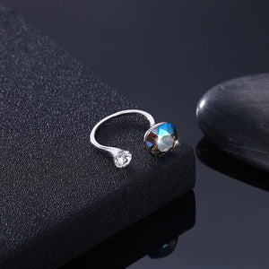 925 Sterling Silver Simple Geometric Square Adjustable Split Ring with Dark Blue Austrian Element Crystal - Glamorousky