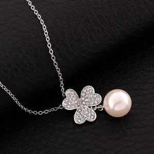 Elegant and Fashion Three-leafed Clover Pearl Pendant with Cubic Zircon and Necklace - Glamorousky