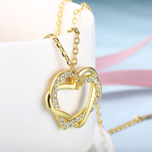 Simple and Romantic Plated Gold Double Heart Pendant with Austrian Element Crystal and Necklace - Glamorousky